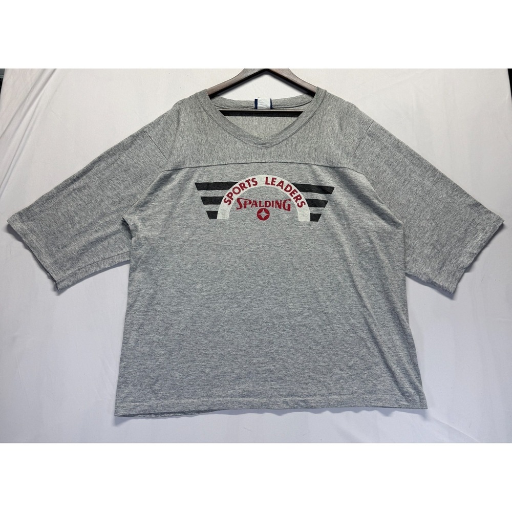 Vintage Spalding Sports Leaders T Shirt Mens Large Gray Graphic Print V Neck